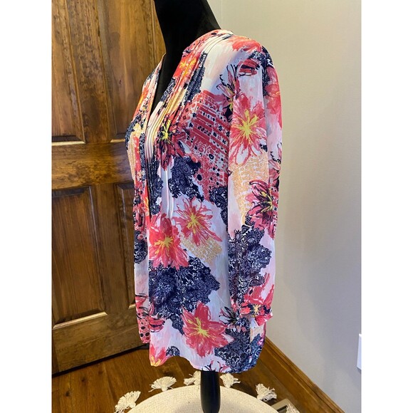 Charter Club Blouse Size Petite Large PL Pink Navy Sheer Flowy Top - Picture 5 of 8